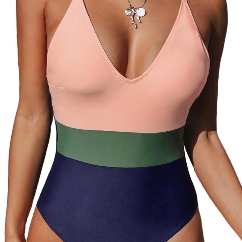 CUPSHE One Piece Swimsuit Bathing Suits Deep V Neck Crisscross Back Color Block